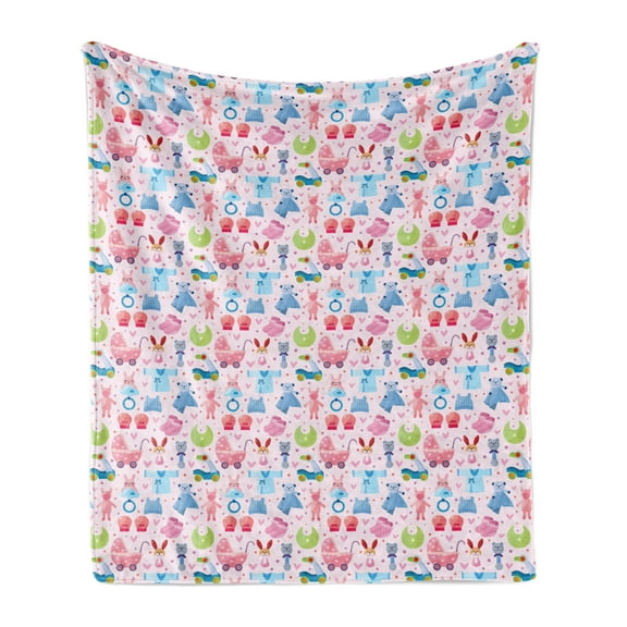 Baby Soft Flannel Fleece Throw Blanket, Toys Childish Teddy Bear Rabbit Bunny Birthday Girls Cheerful Design, Cozy Plush for Indoor and Outdoor Use, 50" x 60", Pale Pink Rose Blue, by Ambesonne