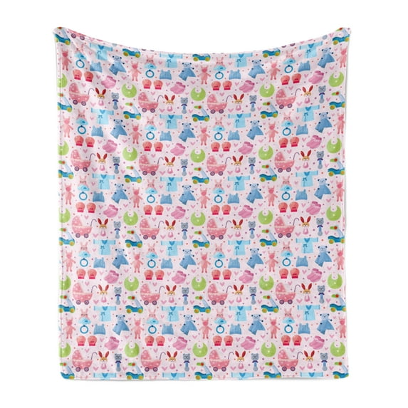 Baby Soft Flannel Fleece Throw Blanket, Toys Childish Teddy Bear Rabbit Bunny Birthday Girls Cheerful Design, Cozy Plush for Indoor and Outdoor Use, 50" x 70", Pale Pink Rose Blue, by Ambesonne