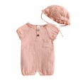 thumbnail image 1 of Baby Solid Color Clothes Set, Short-sleeved Crew Neck Chest Pocket Jumpsuit Romper with Lace Hat for Summer, 1 of 9