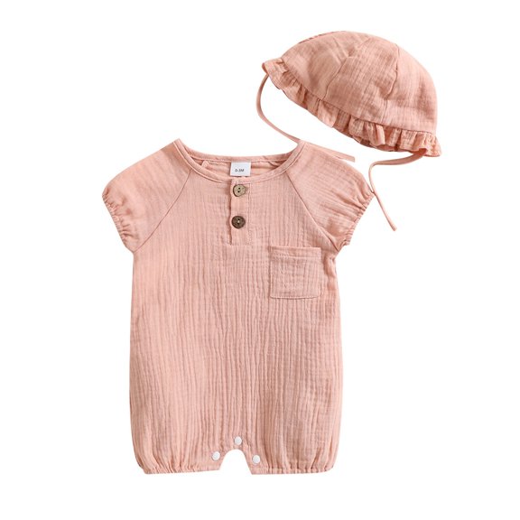 Baby Solid Color Clothes Set, Short-sleeved Crew Neck Chest Pocket Jumpsuit Romper with Lace Hat for Summer