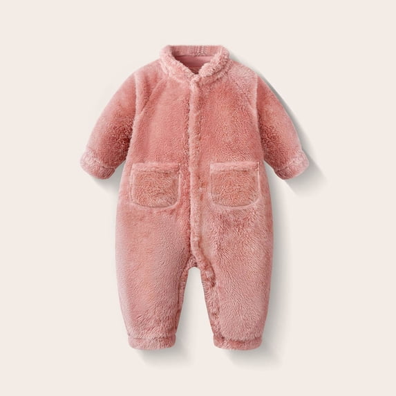 Baby Solid Color Fleece Bodysuit with Front Pocket Warm Winter Zip Romper suitable for indoor nighttime sleep 3 Months-2 Years Pink 6-9 Months