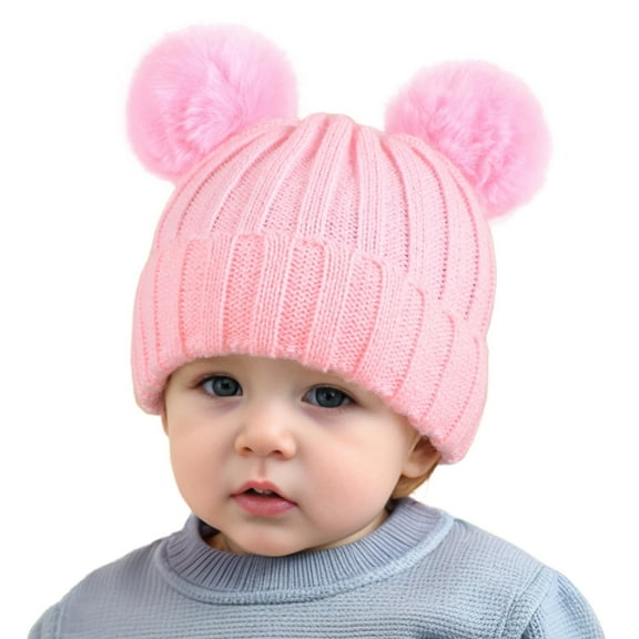 Baby Solid Color Ribbed Knit Beanie with Pom Poms, Toddler Winter Hat with Soft Velvet Lining, Warm Rib Texture Baby Hat for Boys and Girls, Stretchy Knit Pom Pom Hat for Cold Weather Pink
