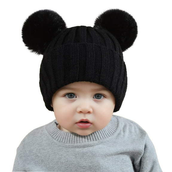 Baby Solid Color Ribbed Knit Beanie with Pom Poms, Toddler Winter Hat with Soft Velvet Lining, Warm Rib Texture Baby Hat for Boys and Girls, Stretchy Knit Pom Pom Hat for Cold Weather Black