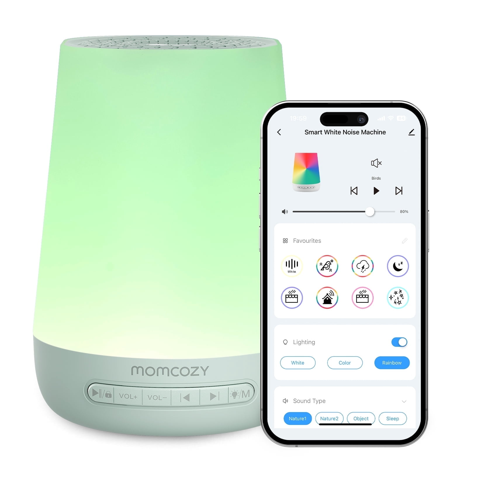 Momcozy White Noise Machine for Baby Sleeping with Night Light, Toddler Sleep Trainer with 34 Soothing Sounds, Timer, App Remote Control(Green)