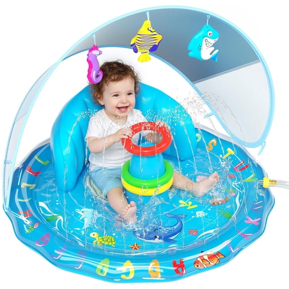 Baby Splash Pad with Canopy, Inflatable Baby Pool with Sprinkler, Stackable Rings & Hanging Toys, Water Sprinkler for Kids, Summer Outdoor Water Play Toys for Baby Toddlers