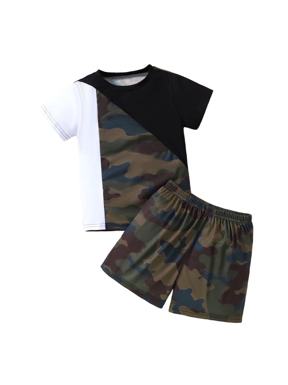 Baby Sport Outfits Toddler Boys Short Sleeve Color Block Camouflage Prints T Shirt Tops Shorts Pants Set