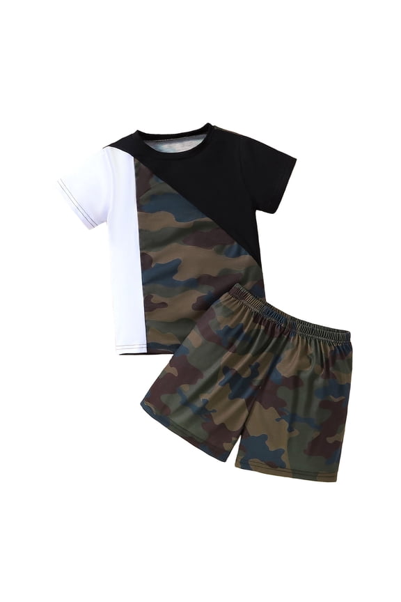Baby Sport Outfits Toddler Boys Short Sleeve Color Block Camouflage Prints T Shirt Tops Shorts Pants Set