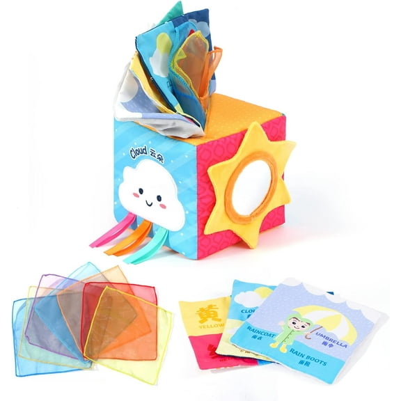 Baby Square Tissue Box Toy with Mirror, Soft Stuffed High Contrast Crinkle Montessori Sensory Toys - Early Educational Preschool Learning Toy for Toddler, Infants, Newborns & Kids(Weather)