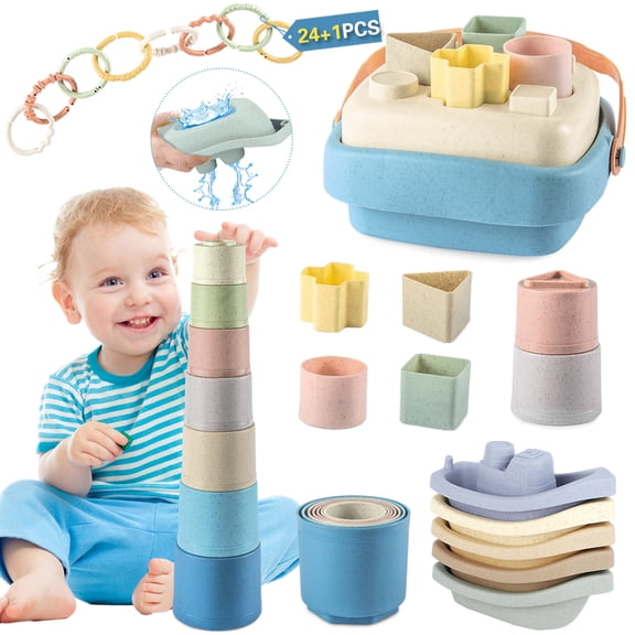 Baby Montessori StackingToys 6-12 Months Infant,25PCS 4-in-1 Toddler Development Education Sensory Toy,1+ Year Old Boy Girl Gift