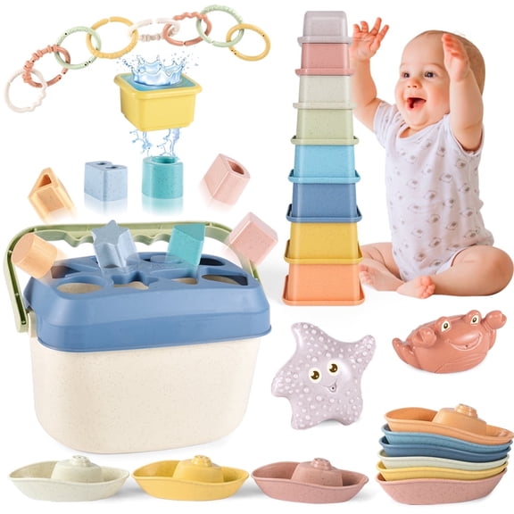 32PCS 5-in-1 Montessori  Education Toy for 6-12-18 Months Baby , Shape Sorters Toy for Toddler 1-3 ,Outdoor Toy Bath Toys Stacking Cup,Boys Girls Birthday Gifts