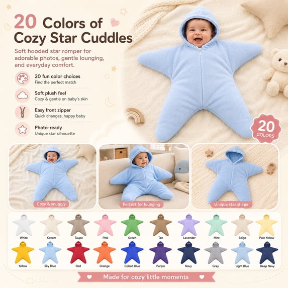 Baby Star Suit Newborn Fleece Starfish Bunting Romper Infant Footie Jumpsuit Winter Warm Wearable Blanket Starfish Baby Onesie