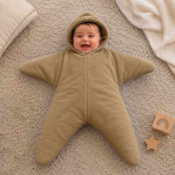 Baby Star Suit, Solid Color Star Shape Flannel Romper for Baby 0-3 Months, Soft Warm Zip Jumpsuit, Cozy Sleepwear Playwear (Coffee, 70cm(0-3months))
