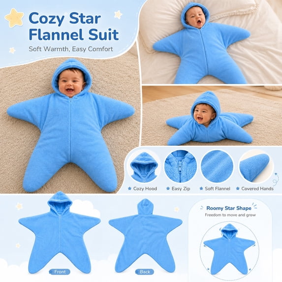 Baby Star Suit, Solid Color Star Shape Flannel Romper for Baby 0-3 Months, Soft Warm Zip Jumpsuit, Cozy Sleepwear Playwear (Light Blue, 70cm(0-3months))