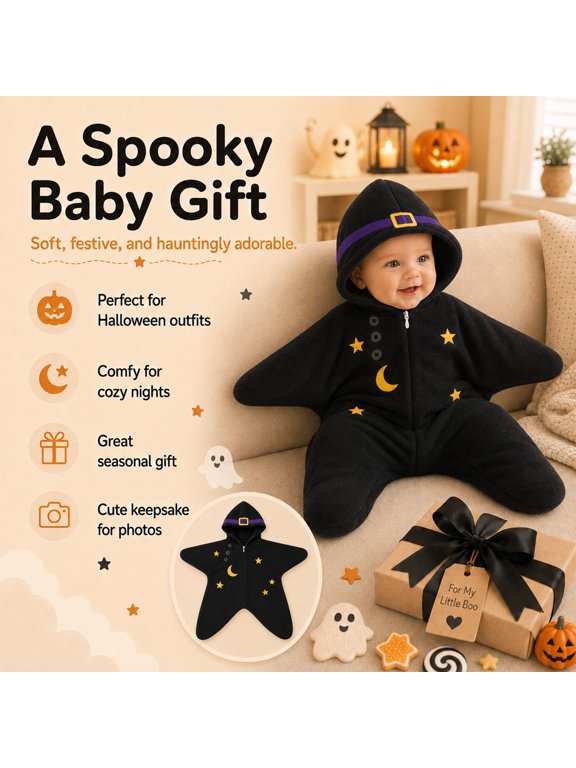 Baby Star Suit, Spooky Fall Star Shape Flannel Romper for Baby, Soft Warm Zip Jumpsuit, Festival Sleepwear Outfit (Star Moon, 70cm(0-3months))