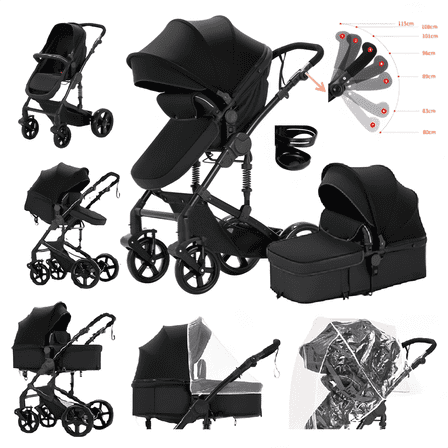 Baby Stroller High Landscape Pram & Lightweight Pushchair Travel Systems with Reversible Bassinet for Newborns and Toddlers,Unisex(Black)