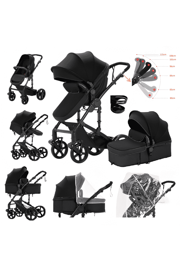 Baby Stroller High Landscape Pram & Lightweight Pushchair Travel Systems with Reversible Bassinet for Newborns and Toddlers,Unisex(Black)