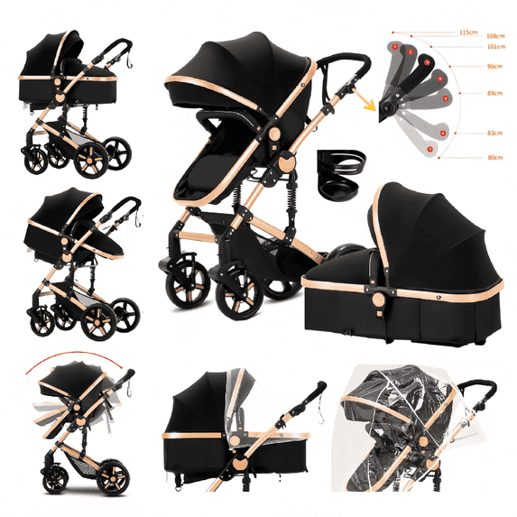 Baby Stroller High Landscape Pram & Lightweight Pushchair with Reversible Bassinet for Newborns and Toddlers,Unisex(Black Gold)