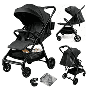 Baby Stroller Lightweight Travel Baby Pram with Cup Holder and Mosquito Net 0-36 Months,Support One-Touch Folding,Unisex,BLACK