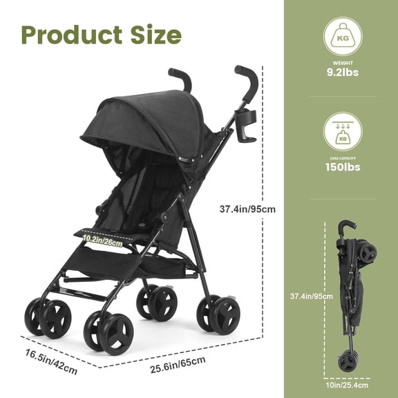 Baby Stroller, Umbrella Stroller with Foldable Pushchair with Adjustable Canopy, Folding Infant Newborn Pram Stroller with Storage Basket, Cup Holder, Suspension Wheels for Infants (Black)