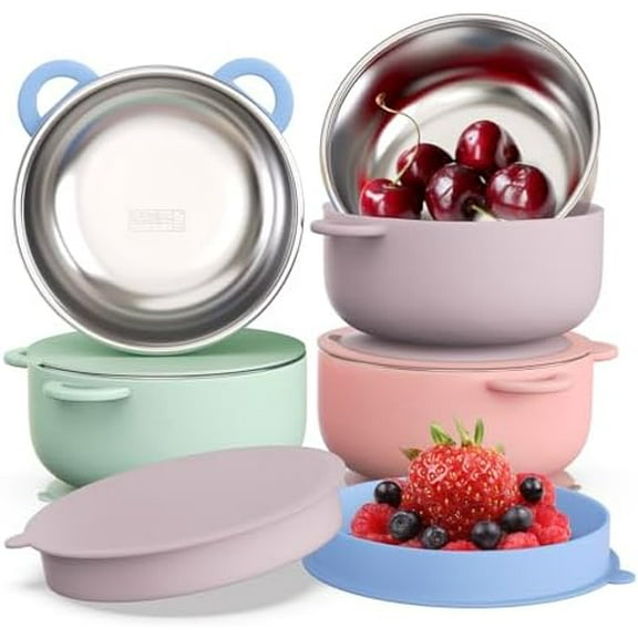 Baby Suction Bowls with Lids 4-Pack, 2-in-1 Stainless Steel 304 Toddler Bowl & Removable Silicone Suction Kids Bowl Plate Set Non Toxic Snack Dishes for Self-Feeding, Unicorn Magic Set