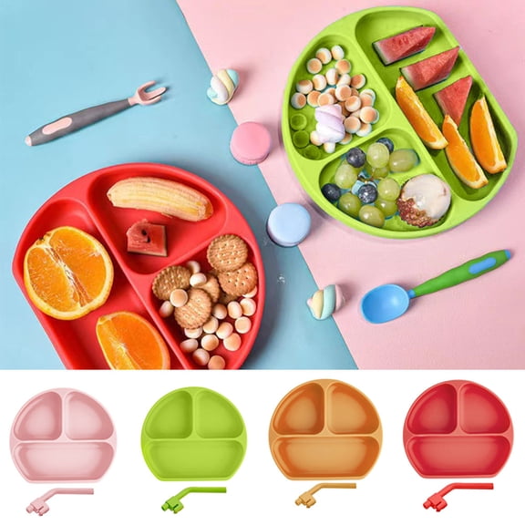 Baby Suction Plate with Straw 3 Compartments Silicone Suction Dishware Plate for Babies and Toddlers Divided Design Microwave and Dishwasher Safe
