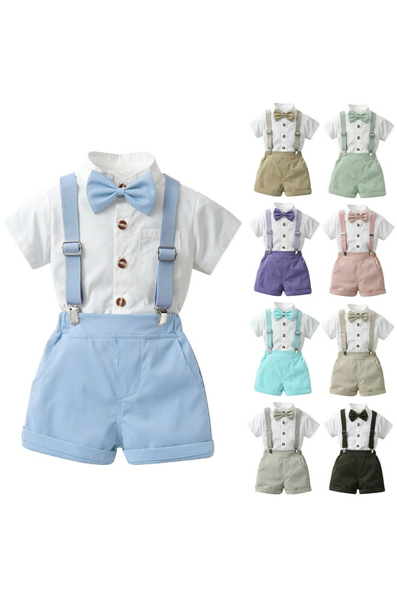 Baby Suits For Boys 6-9 Months Blue Toddler Boy Clothes Suit 3 Piece Formal Dress Shirt With Bowtie Overall Short Pants Boys Gentleman Wedding Outfits Set