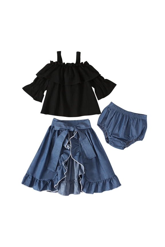 Baby Summer Clothes Toddler Girls Cute Middle Sleeves Suspenders Top Cowboy Shorts Skirt Two-piece Set Clothing Outfits