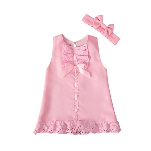 Baby Summer Clothes Toddler Girls Lace Solid Color Sleeveless Cute Bow Dress Two-piece Set Clothing Outfits