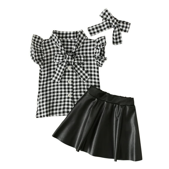 Baby Summer Clothes Toddler Girls Plaid Shirt Print Ruffle Bow Leather Skirt Two-piece Set Clothing Outfits