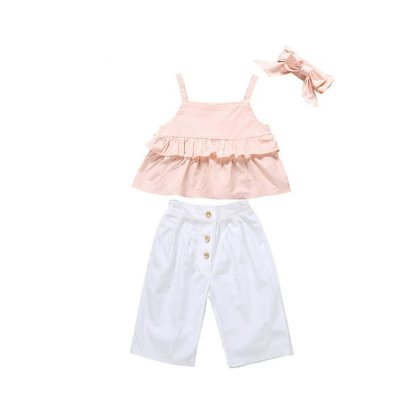 Baby Summer Clothes Toddler Girls Solid Color Ruffle Sling Bow White Pants Two-piece Set Clothing Outfits
