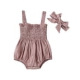 thumbnail image 1 of Baby Summer Jumpsuit Outfit Solid Color Ruched Toddler Girl Casual Sleeveless Suspender Rompers and Headband, 1 of 8