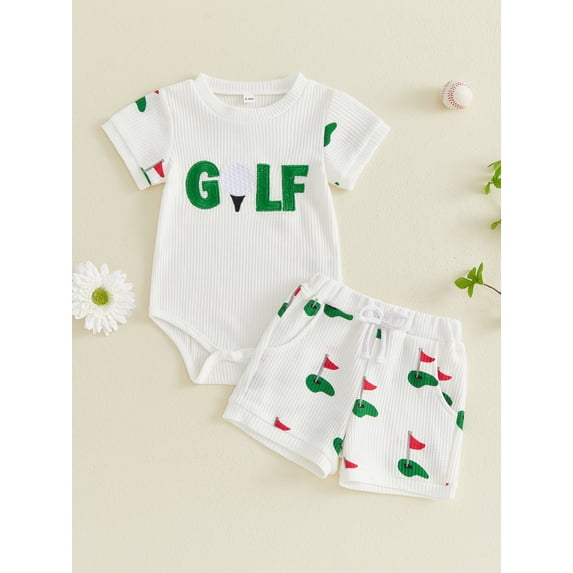 Baby Summer Outfits Casual Baseball/Golf Themed Crew Neck Short Sleeve Romper and Shorts 2 Pcs Set