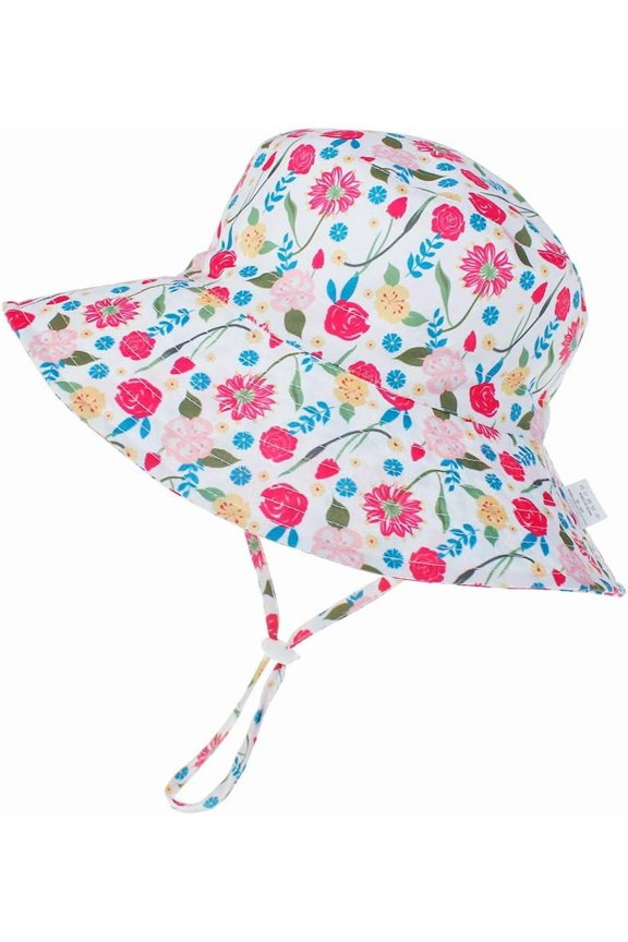 Baby Sun Hat UPF 50+ Wide Brim Bucket Hat - Adjustable Infant Toddler Sun Protection for Beach & Outdoor (Flower Printed,0-8 Months)