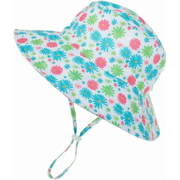 Baby Sun Hat UPF 50+ Wide Brim Bucket Hat - Adjustable Infant Toddler Sun Protection for Beach & Outdoor (Flowers Printed Blue,6-24 Months)
