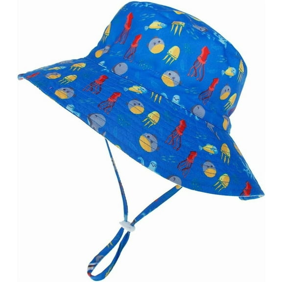Baby Sun Hat UPF 50  Wide Brim Bucket Hat - Adjustable Infant Toddler Sun Protection for Beach & Outdoor (Octopus Printed Blue,6-24 Months)