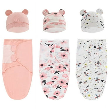Baby Swaddle Sleep Sack with Hat, Soft Cotton Newborn Wearable Swaddle Wrap, for 0-3 months Girls Boys, 3-Pack