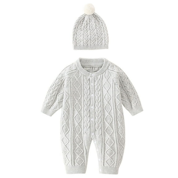 Baby Sweater - Baby Knit Romper Set Color Block Jumpsuit with Hat Stylish Two-Piece for Parties & Casual Wear - Fall SweatersColor:Grey,Size:0-3 Months