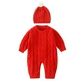 thumbnail image 1 of Baby Sweater - Baby Knit Romper Set Color Block Jumpsuit with Hat Stylish Two-Piece for Parties & Casual Wear - Fall SweatersColor:Red,Size:0-3 Months, 1 of 7