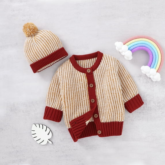 Baby Sweater Knitted Newborn Girl Top + Hat Fashion Stripe Pompom Infant Boy Clothing Cardigan Outerwear Long Sleeve Autumn 2PCS
