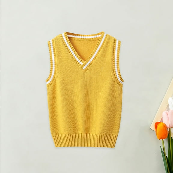 Baby Sweater Vest V Neck Sleeveless Knit Sweaters Yellow Pullover School Uniform Sweater Vest Baby Girl Warm Winter Baby Clothes 3-4 Years