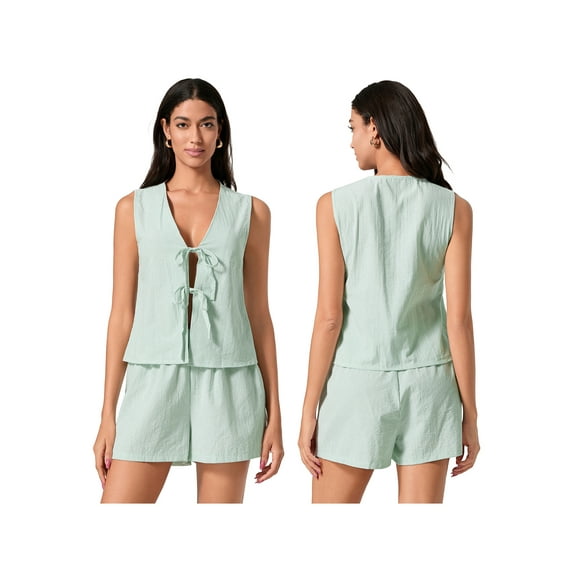 Baby Sweetie 2 Piece Sets for Women Casual Summer Deep V Neck Tie-Up Tank Tops Elastic Waist Shorts Lounge Set