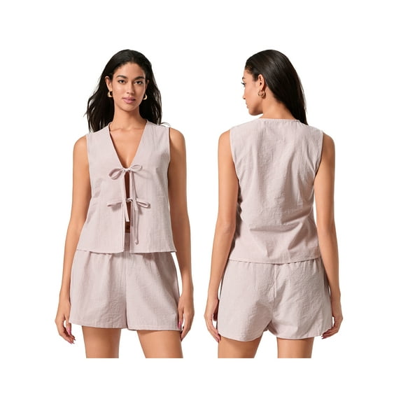 Baby Sweetie 2 Piece Sets for Women Casual Summer Deep V Neck Tie-Up Tank Tops Elastic Waist Shorts Lounge Set