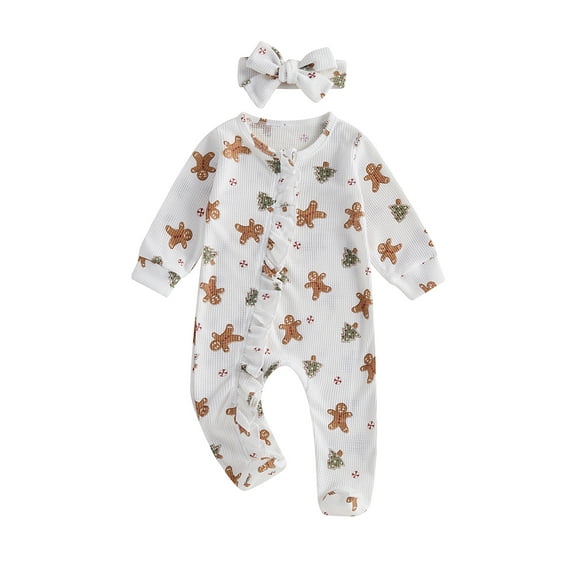 Baby Sweetie Baby Girls Christmas Jumpsuit Long Sleeve Gingerbread Print Ruffle Romper with Headband 0-12 Months