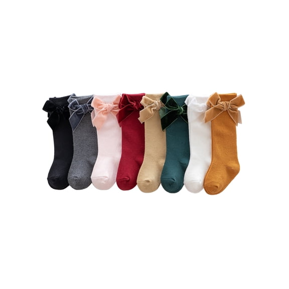 Baby Sweetie Baby Girls Knee High Socks Classic Solid Color Cotton Socks with Velvet Bow Newborn Infant Non-Slip Sock