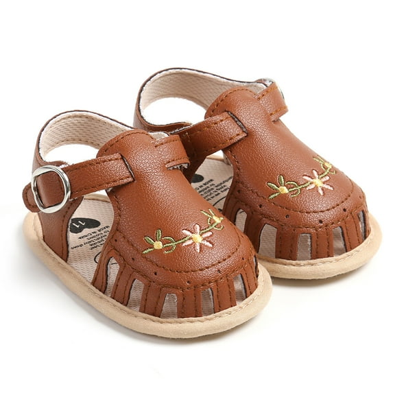 Baby Sweetie Infant Baby Girl Sandals, PU Leather Non-slip Embroidery Flower Summer Flats Toddler Shoes for Casual Daily