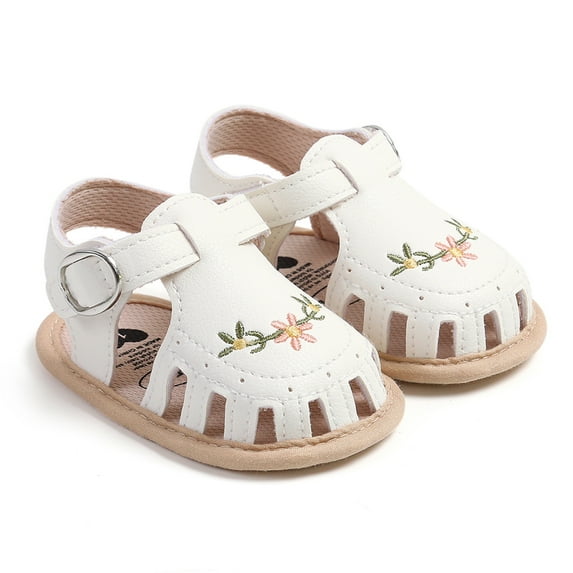 Baby Sweetie Infant Baby Girl Sandals, PU Leather Non-slip Embroidery Flower Summer Flats Toddler Shoes for Casual Daily
