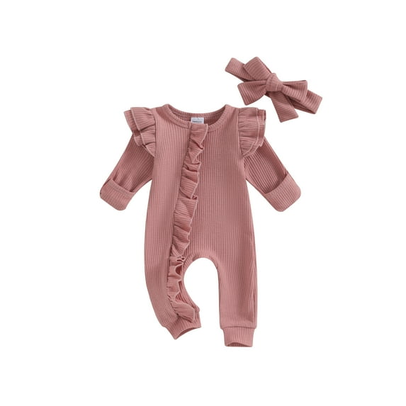 Baby Sweetie Infant Girl Jumpsuit Outfits, Round Neck Flying Sleeve Ruffled Zipper Romper with Bow Headband Set 0-12M