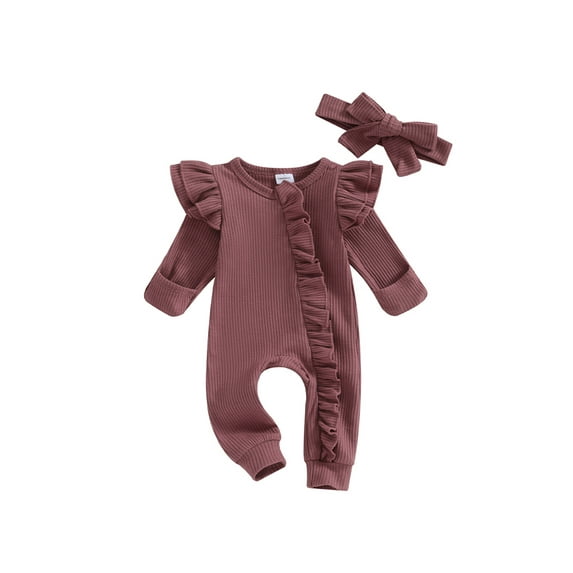 Baby Sweetie Infant Girl Jumpsuit Outfits, Round Neck Flying Sleeve Ruffled Zipper Romper with Bow Headband Set 0-12M