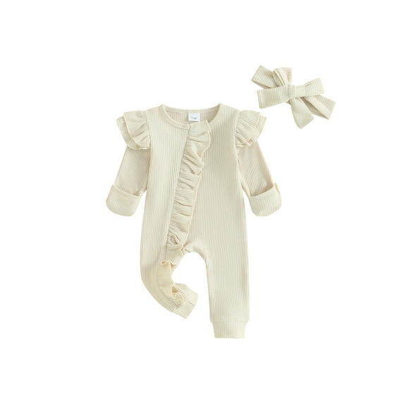 Baby Sweetie Infant Girl Jumpsuit Outfits, Round Neck Flying Sleeve Ruffled Zipper Romper with Bow Headband Set 0-12M