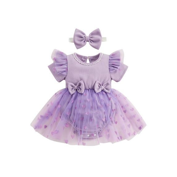Baby Sweetie Infant Girl Jumpsuit with Bow Headband Short Sleeve Heart Print Tulle Mesh Ribbed Patchwork Dress Romper